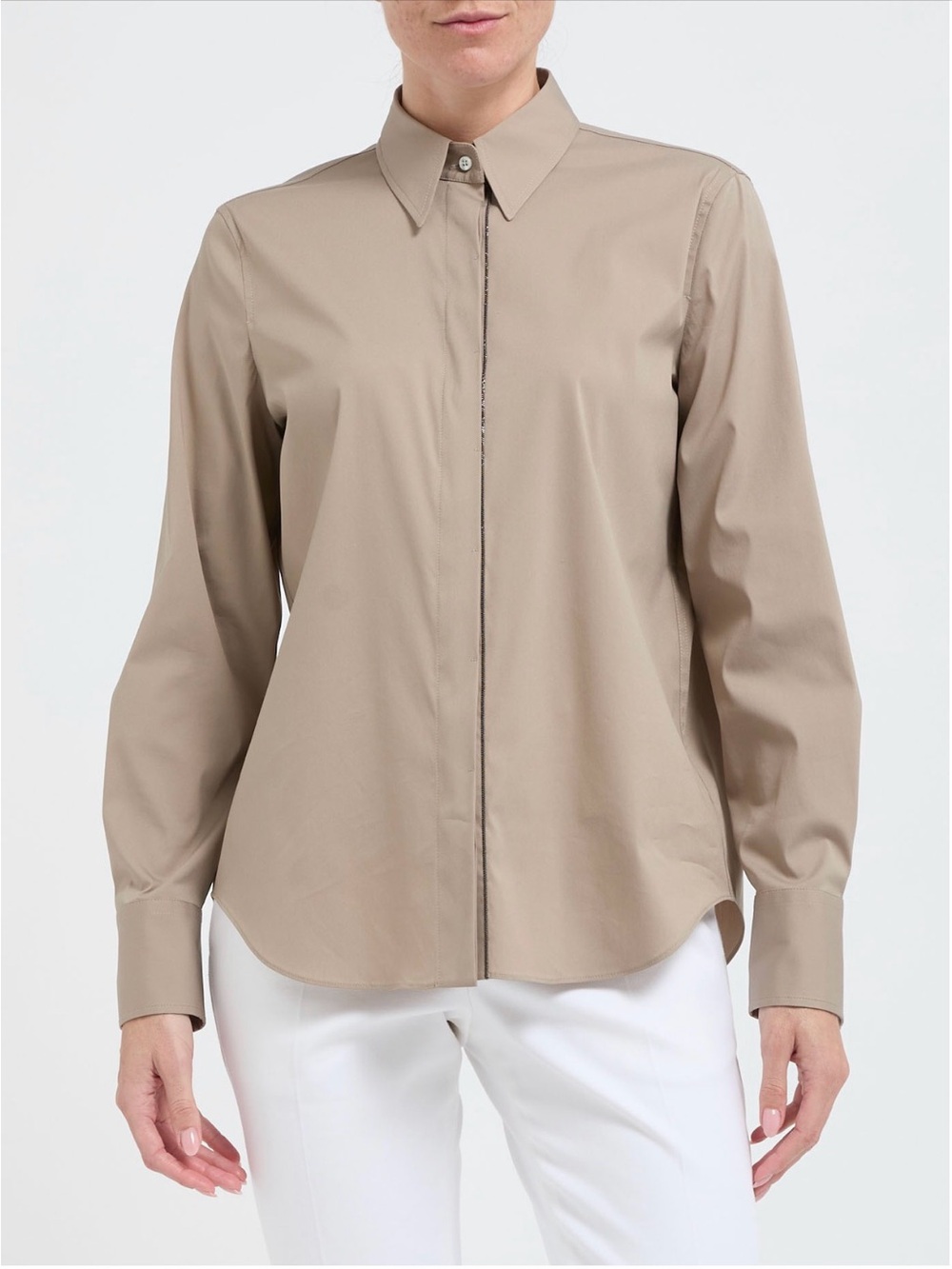 Brunello Cucinelli Beige Button-Front Long-Sleeve Blouse